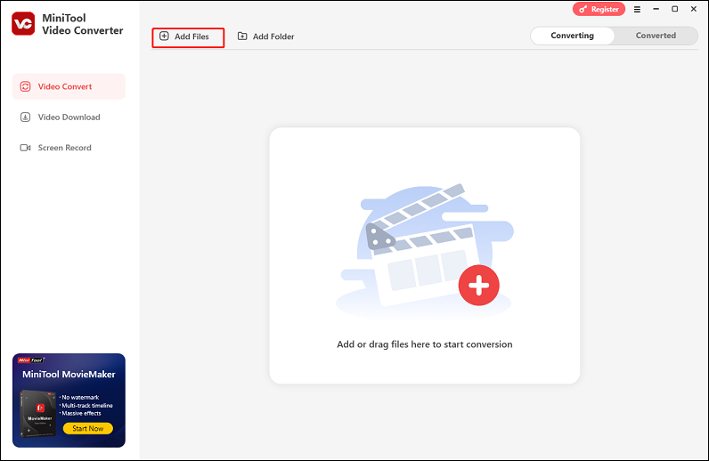 Click the Add Files button to import the target file in MiniTool Video Converter for format conversion