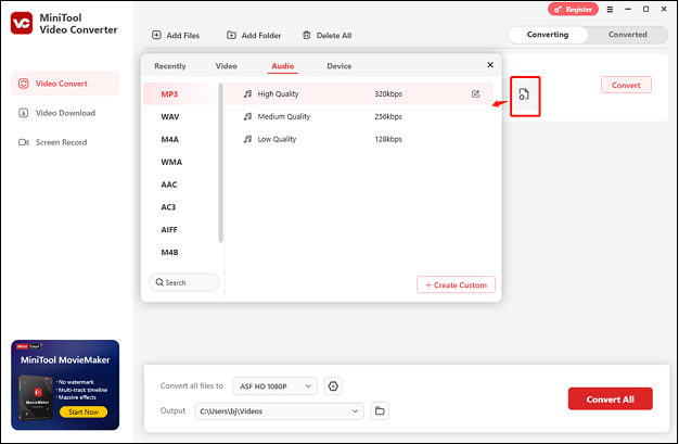 Choose an output format you want in MiniTool Video Converter for format conversion