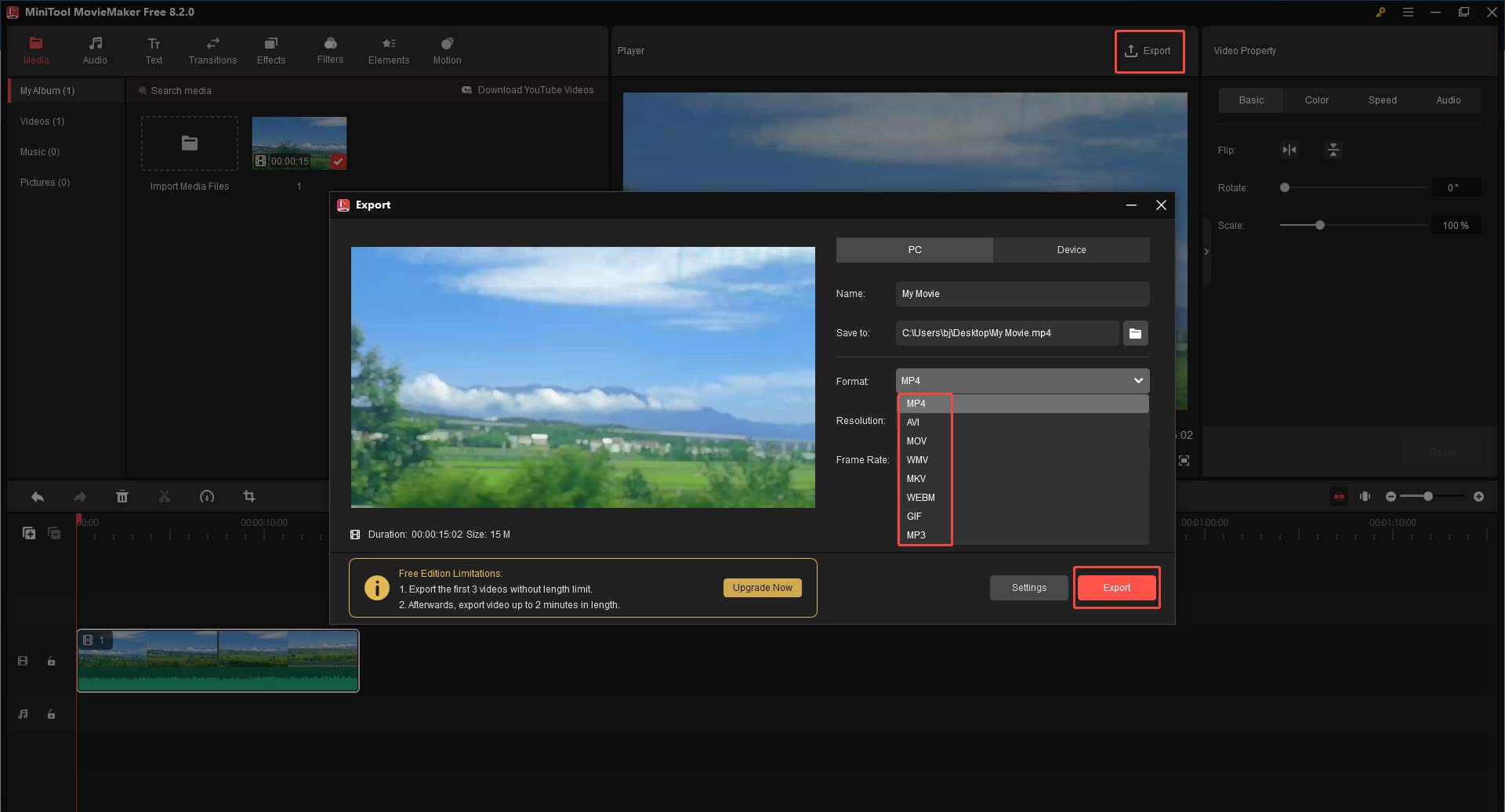 Click the Export option in the Player section of MiniTool MovieMaker and open the Format list to choose a Vizio TV USB format