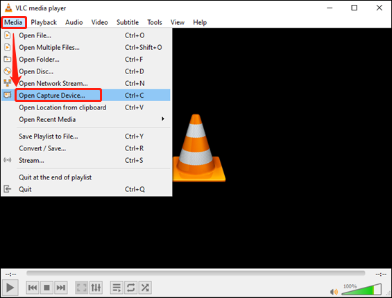 Choose the Media tab and click the Open Capture Device… option in VLC to access the Open Media window