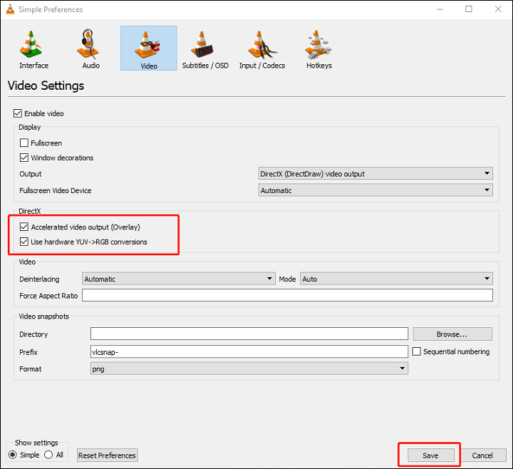 Make sure the Accelerated Video Output (Overlay) and Use Hardware YUV and RGB Conversions options are both selected in VLC
