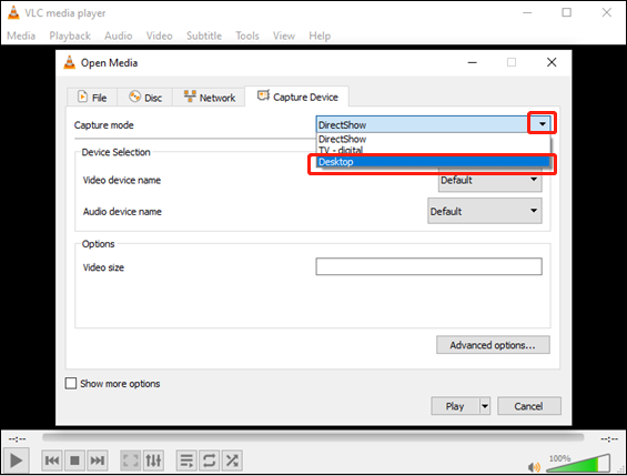 Expand the Capture mode option and choose Desktop in VLC for fixing the VLC not recording issue