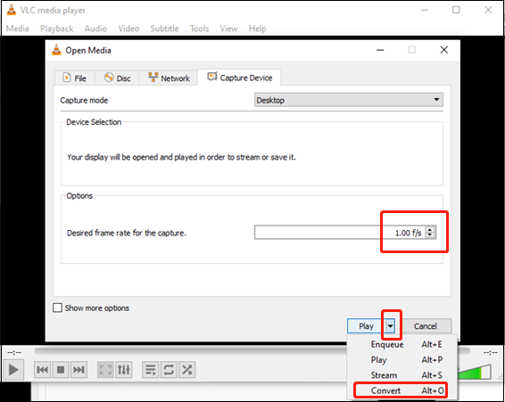 Set the frame rate based on your needs, open the Play option, and choose Convert in VLC to fix the VLC not recording issue