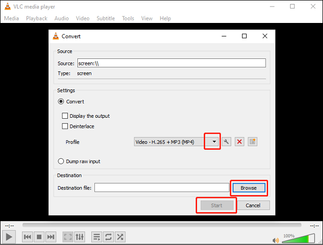 Choose the output format and destination in VLC for fixing VLC not recording