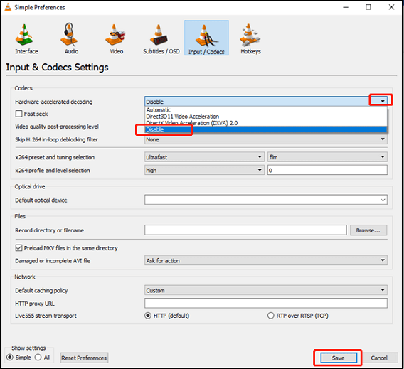 Open the Hardware-accelerated decoding menu and choose the Disable option in VLC