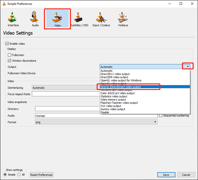 Choose the Video tab, open the Output option, and select DirectX (DirectDraw) video output in VLC to fix the VLC not recording issue