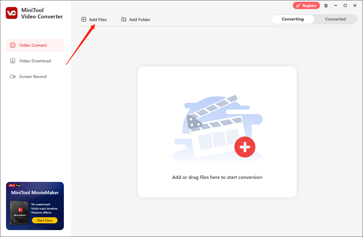klicken Sie in MiniTool Video Converter auf „Dateien hinzufügen“, um die zu konvertierenden Dateien hinzuzufügen