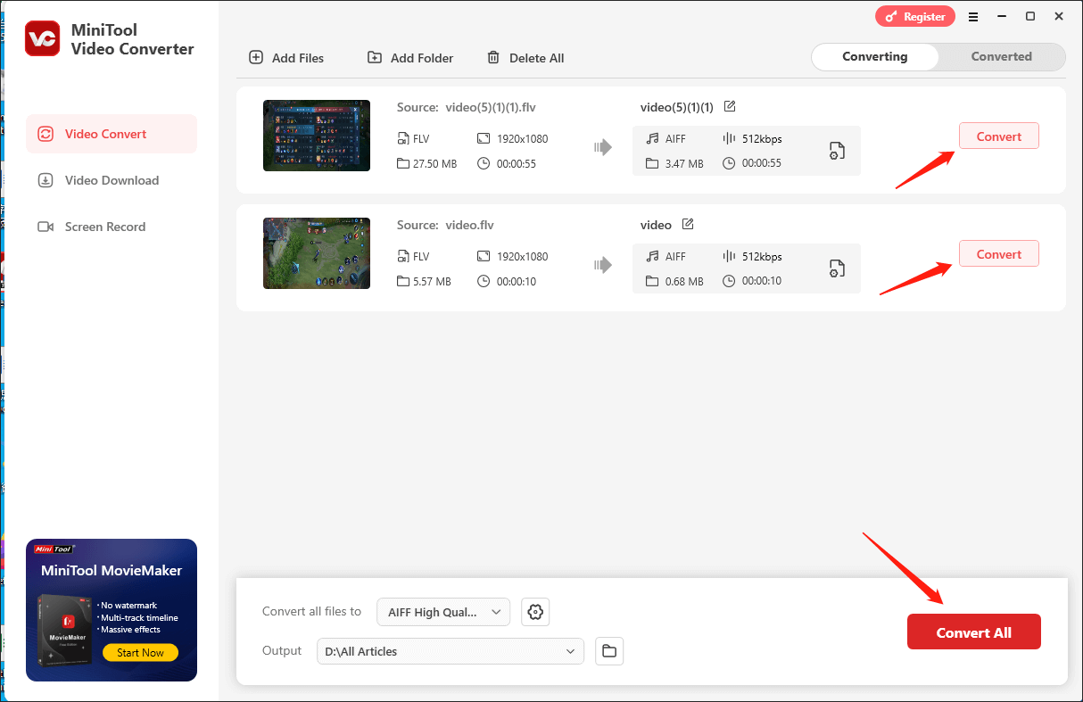 Zum Start mehrerer Konvertierungen klicken Sie direkt in MiniTool Video Converter auf „Alle konvertieren“