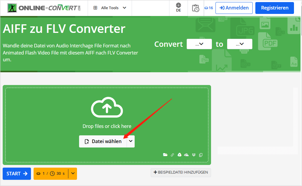 klicken Sie in OnlineConvert auf „Datei wählen“, um die AIFF-Dateien zu importieren
