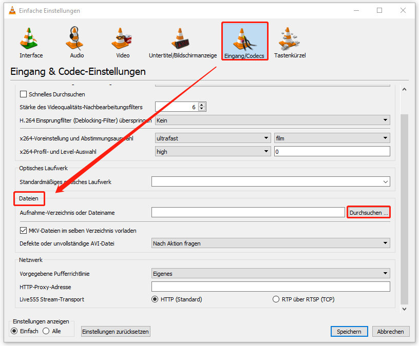 klicken Sie in VLC auf „Durchsuchen“ neben "Aufnahme-Verzeichnis oder Dateiname"