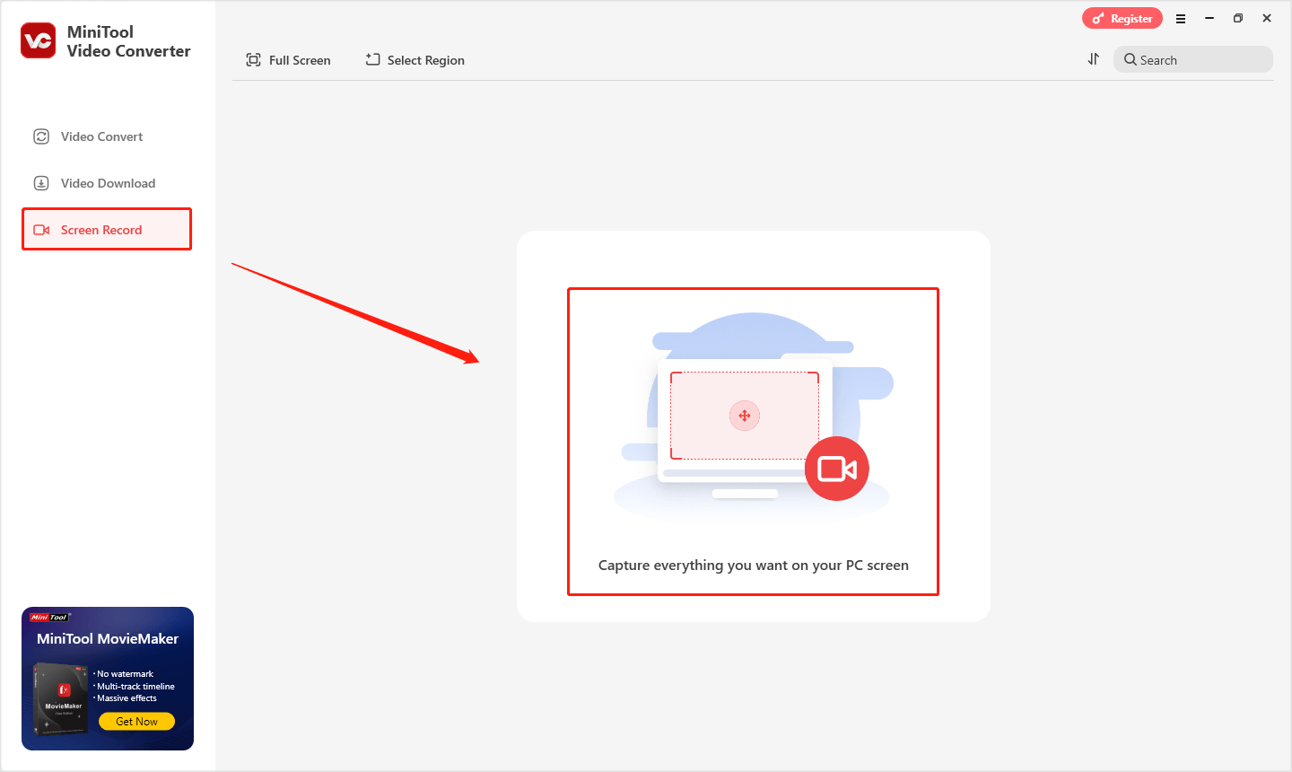 zum Öffnen des MiniTool Screen Recorders klicken Sie in MiniTool Video Converter auf den mittleren Bereich