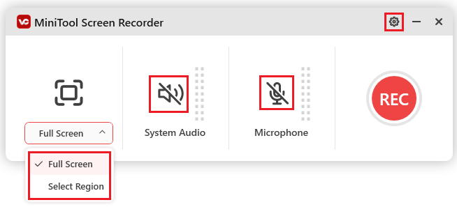 Aufnahmebereich, Audioquelle und weitere Einstellungen in MiniTool Screen Recorder anpassen