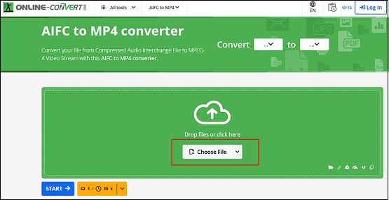 Click the Choose File button to import the AIFC file into online-convert.com