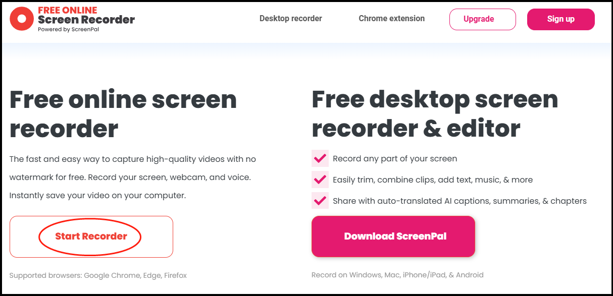 klicken Sie auf „Recorder starten“, um das Online-Bildschirmaufnahme-Tool aufzurufen