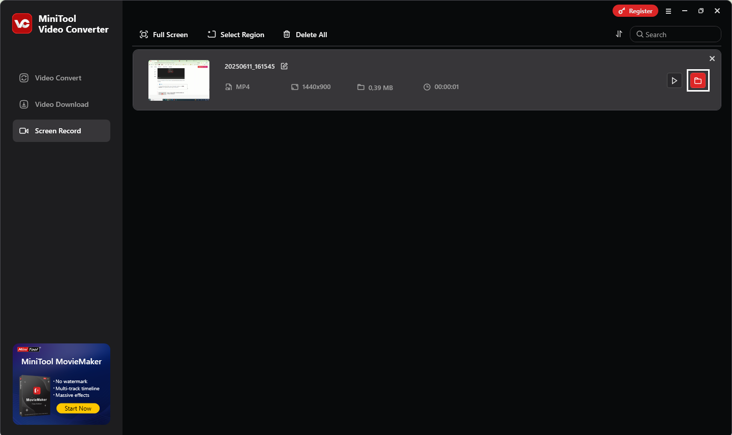 Aufnahme in MiniTool Video Converter durch Klicken auf das Ordnersymbol öffnen und überprüfen