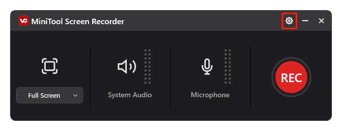 klicken Sie im MiniTool Screen Recorder auf das Zahnradsymbol, um das Einstellungsfenster zu öffnen
