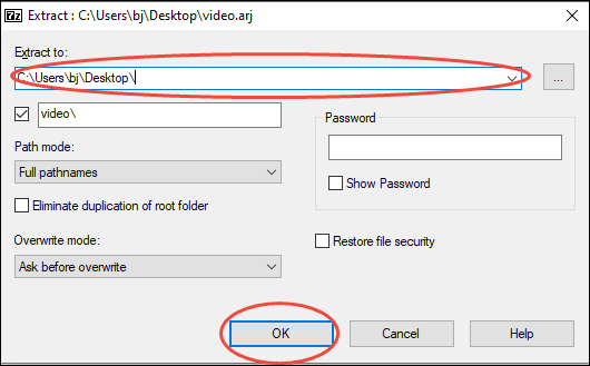 Choose an output location and click on OK in 7-Zip to save the changes you made