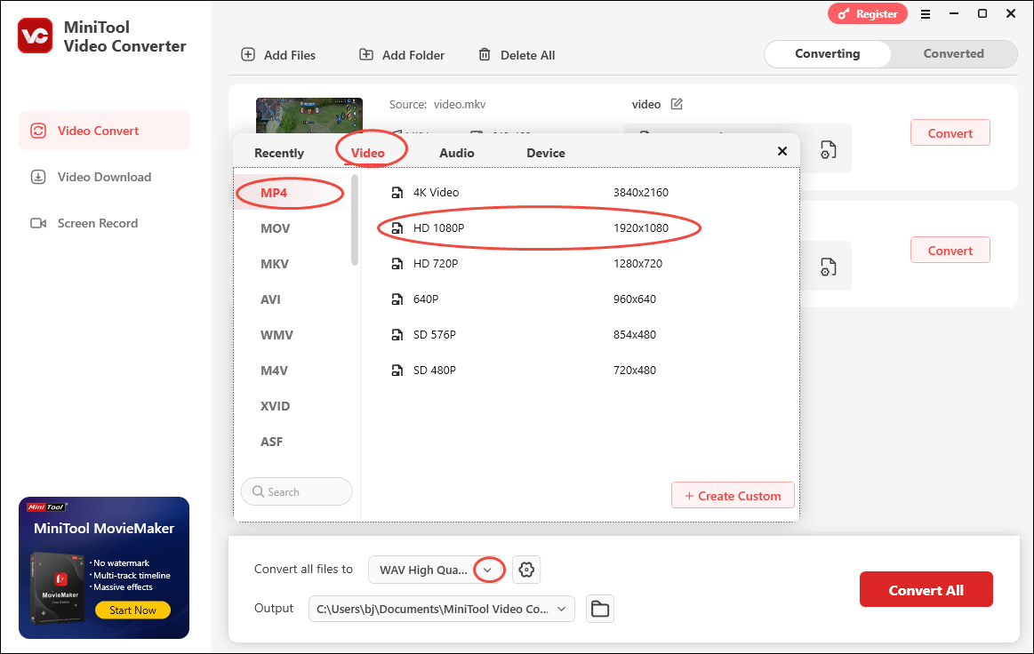 Expand the Convert all files to option in MiniTool Video Converter and choose MP4 HD 1080P as the output format