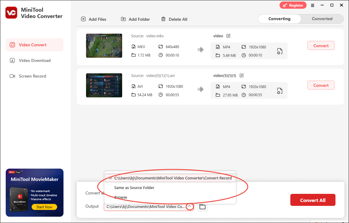 Expand the Output option in MiniTool Video Converter to choose a destination folder for your converted files