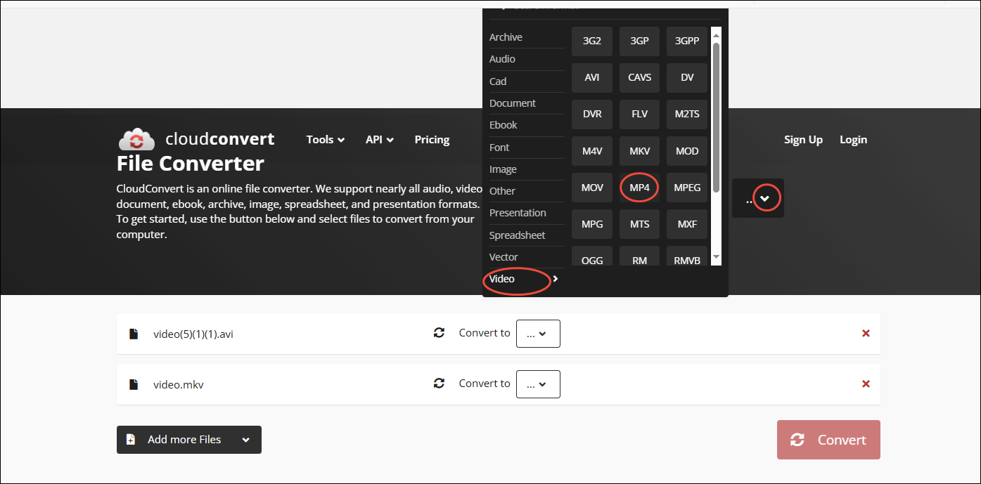 Enter the output format window in CloudConvert and choose MP4 as the output format