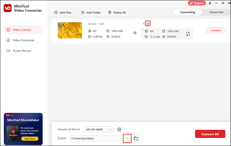 Click the Edit icon next to the target file name to rename the output file and click the Output option at the bottom to select the output folder in MiniTool Video Converter