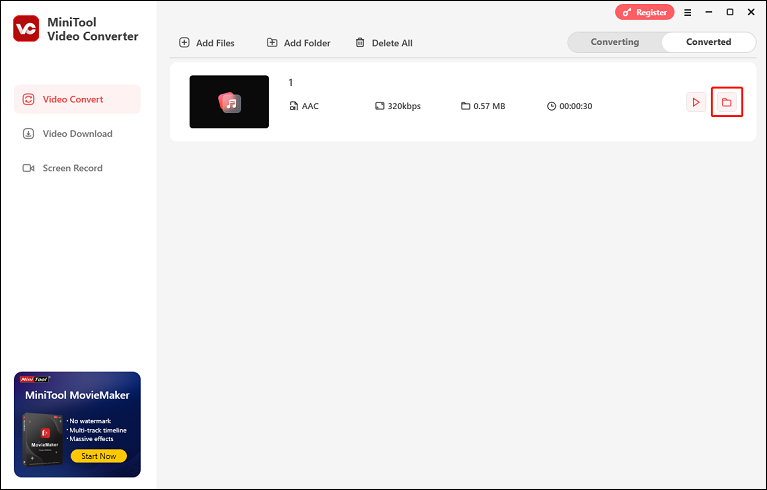 Click the Open button in MiniTool Video Converter to locate the converted file in the local folder