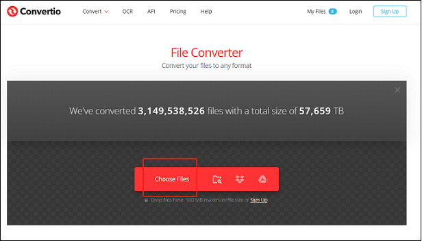 Click the Choose Files button to import the ASF file to Convertio