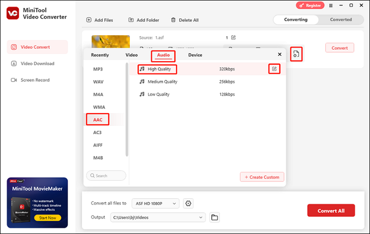 klicken Sie in MiniTool Video Converter auf das Zahnradsymbol, um AAC im Popup-Fenster als Ausgabeformat festzulegen und eine gewünschte Qualitätsvoreinstellung auszuwählen