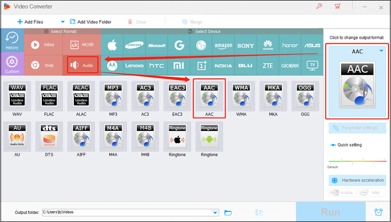 wechseln Sie in HD Video Converter Factory Pro zur Registerkarte „Audio“ und wählen Sie „AAC“ aus