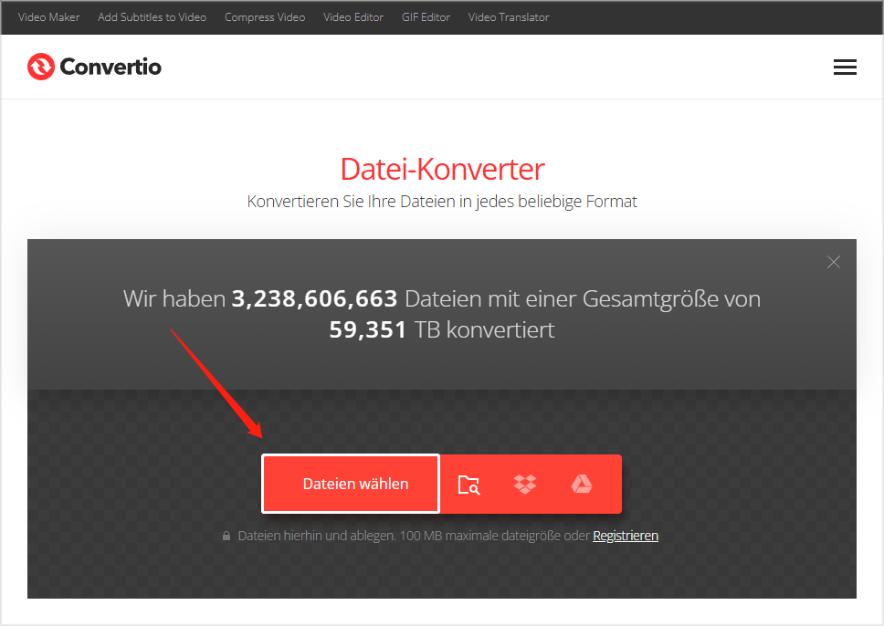 klicken Sie in Convertio auf „Dateien wählen“, um Ihre ASF-Datei zu importieren