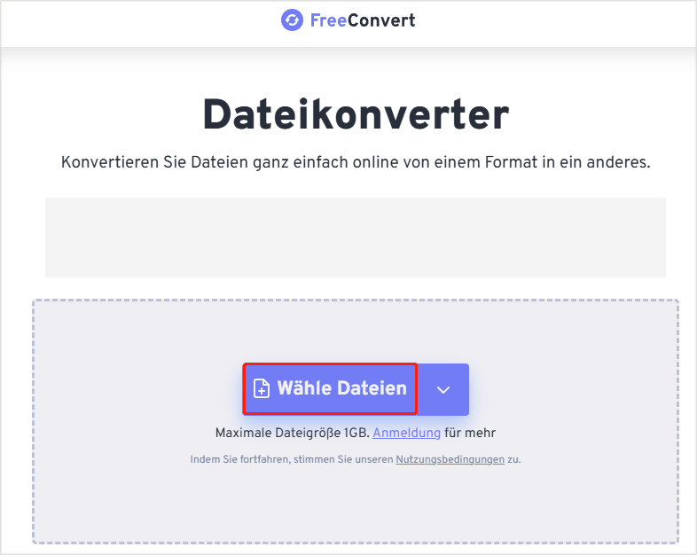 Zum Importieren der ASF-Datei klicken Sie in FreeConvert auf die „Wähle Dateien“