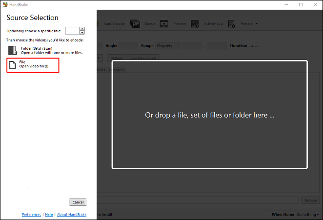 Click the File button to import the target BDMV file to Handbrake