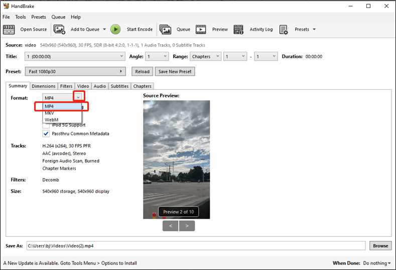 Select MP4 as the output format in Handbrake