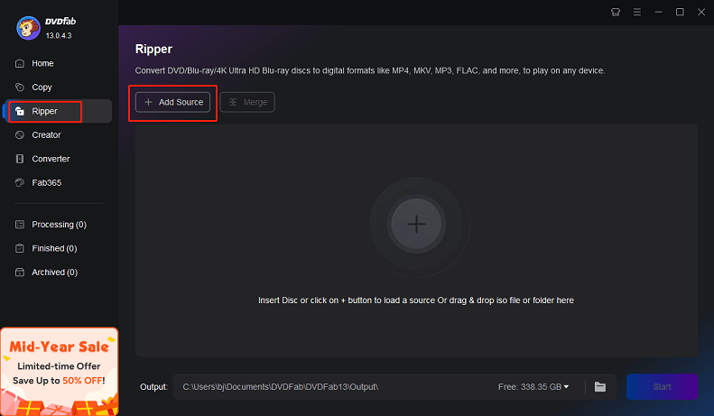 Click the Add Source button to import the file and choose MP4 as the output format in DVDFab Blu-ray Ripper