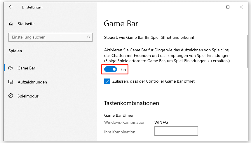 Xbox Game Bar unter Windows 10 über die Einstellungen aktivieren