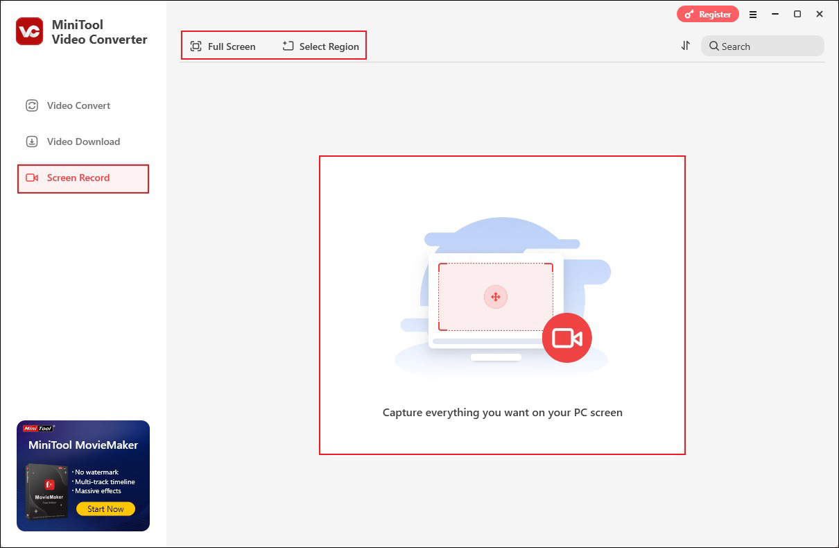 zum Öffnen des MiniTool Screen Recorders klicken Sie in MiniTool Video Converter auf „Bildschirm aufnehmen“ und dann auf den mittleren Bereich