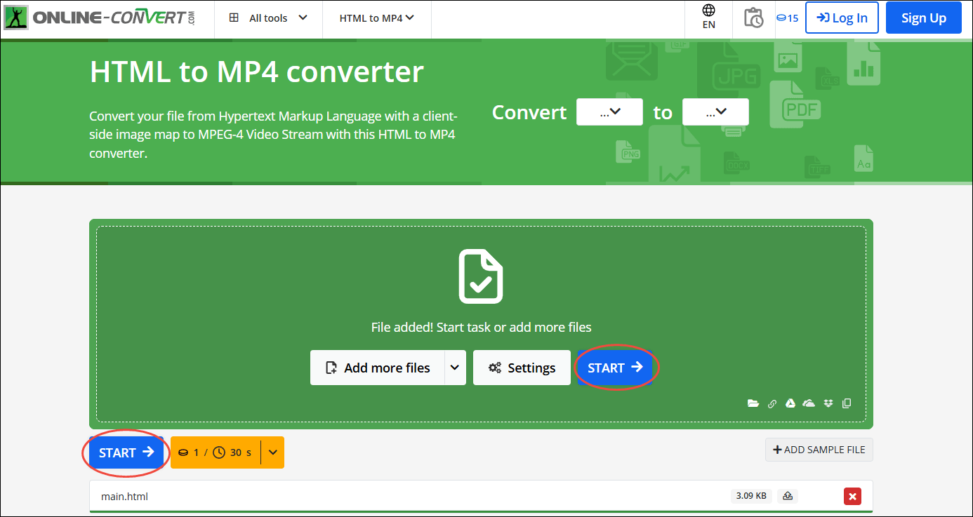 Click on START in Online-Convert to begin the conversion process