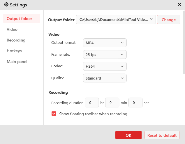 The settings interface of MiniTool Screen Recorder