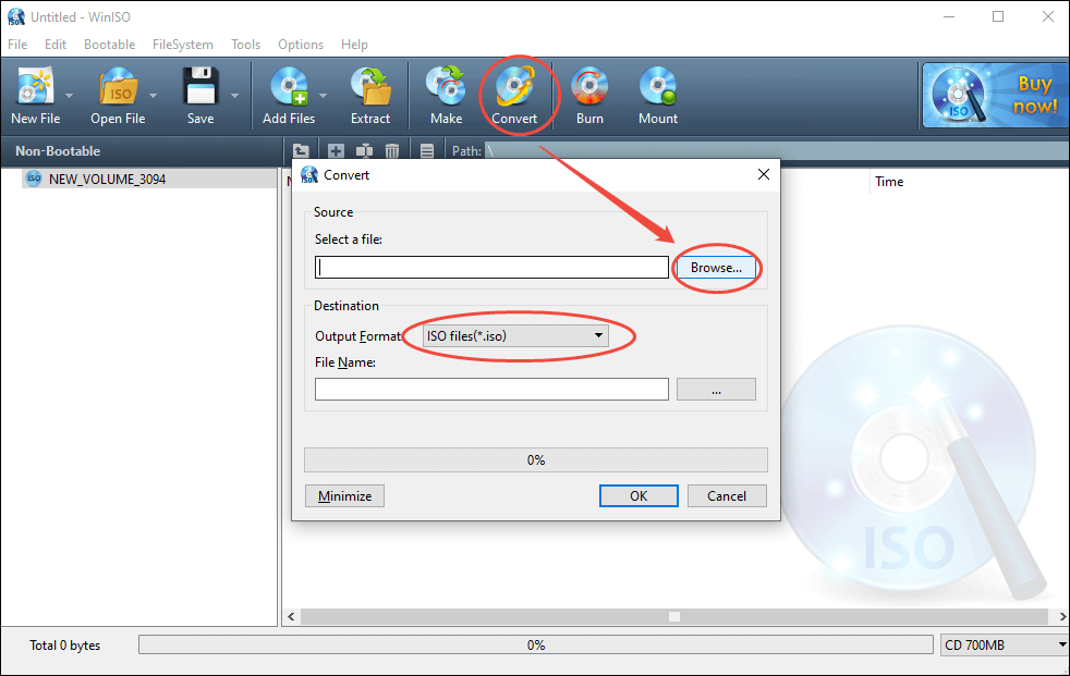 Click on Convert in WinISO to enter the dialogue window and add your NRG file