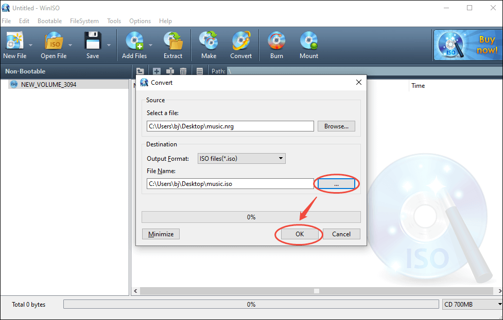 Click on the three-dot icon in WinISO to choose a saving path for the converted file and click OK the begin the conversion process