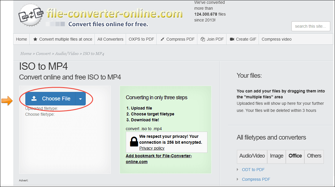 Click on Choose File in file-converter-online to import your ISO file