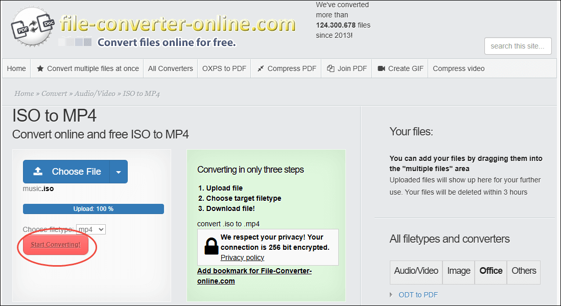 Click on Start Converting! in file-converter-online to start the conversion process