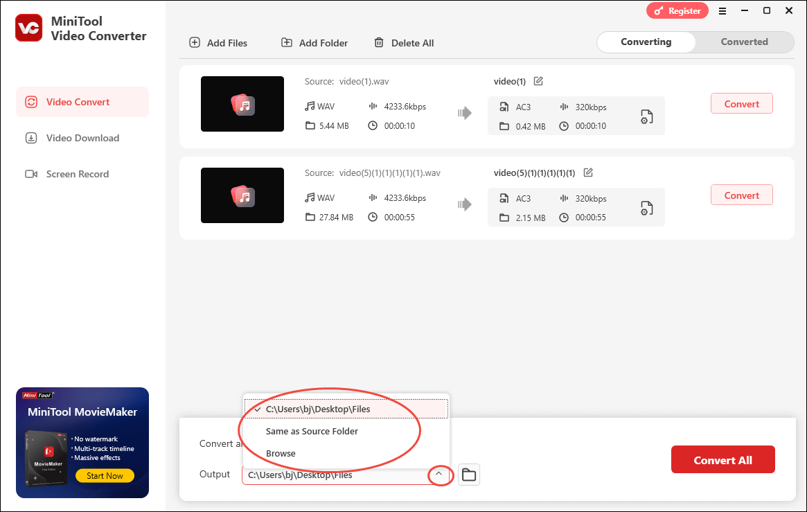 Expand the Output option in MiniTool Video Converter to choose a saving path for your converted files