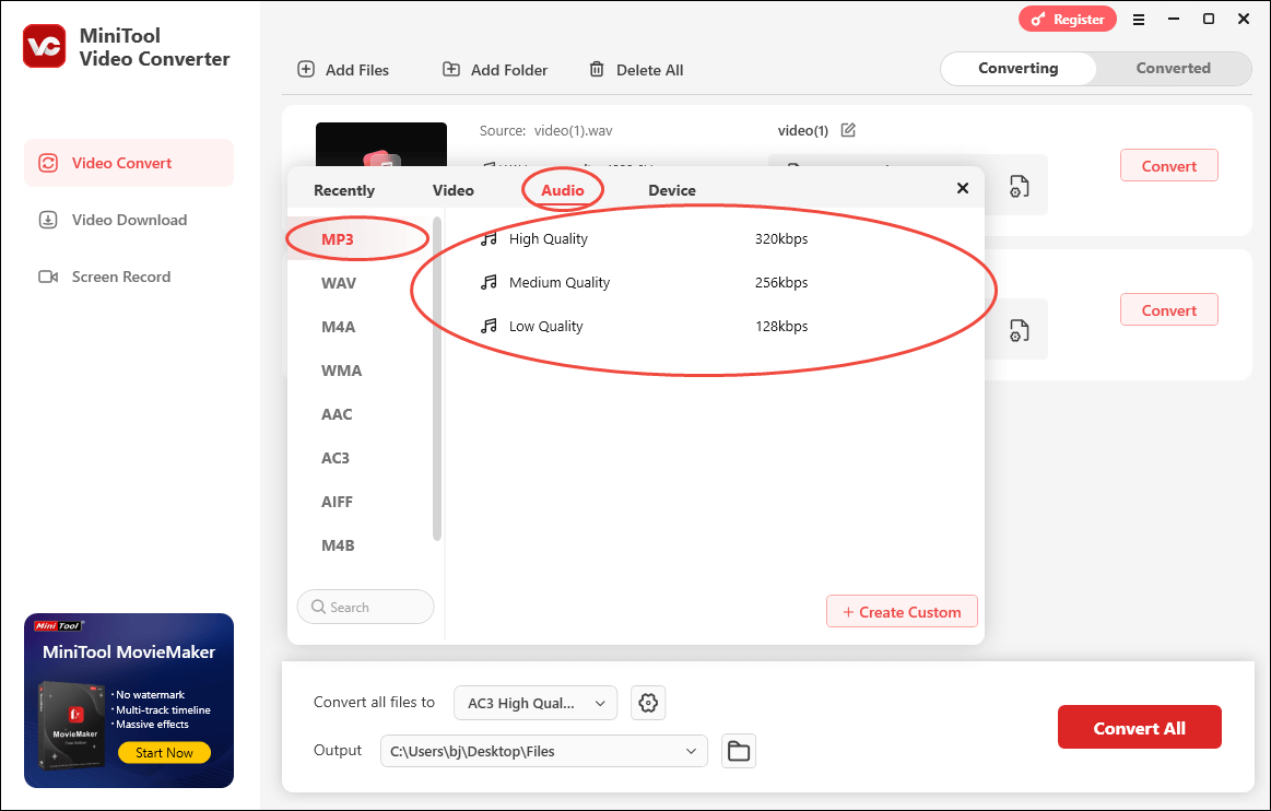 Expand the Convert all files to option in MiniTool Video Converter to access the output format window and choose MP3 as the output format