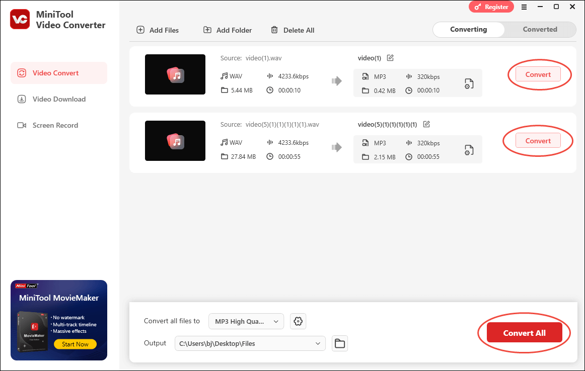 Click on Convert or Convert All in MiniTool Video Converter to begin the conversion process