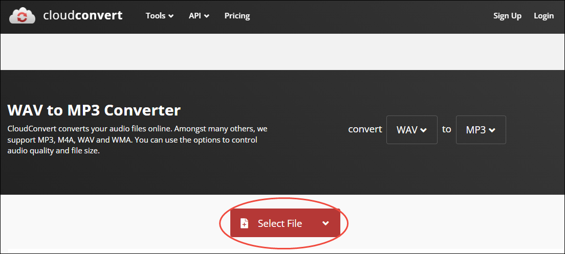 Click on Select File in CloudConvert to import your recording file