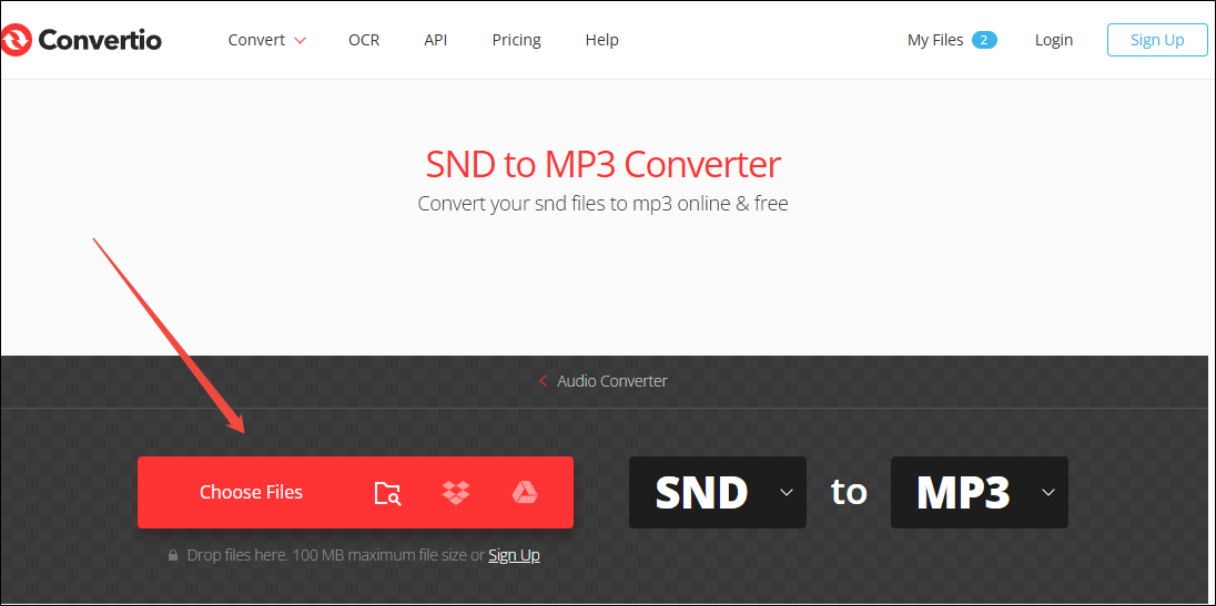 Click on Choose Files in Convertio to import your SND files
