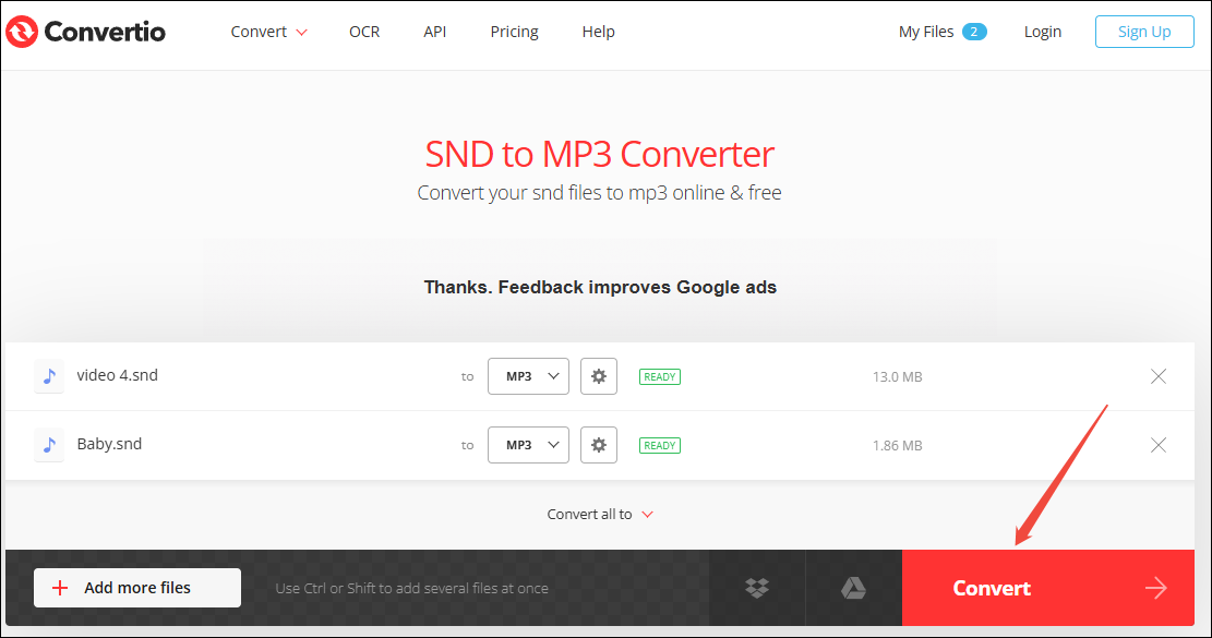 Click on Convert in Convertio to begin the conversion from SND to MP3