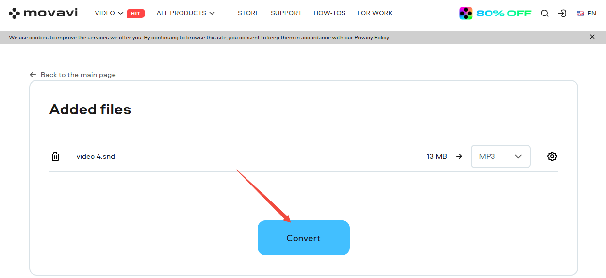 Click on Convert in Convertio to begin the conversion from SND to MP3