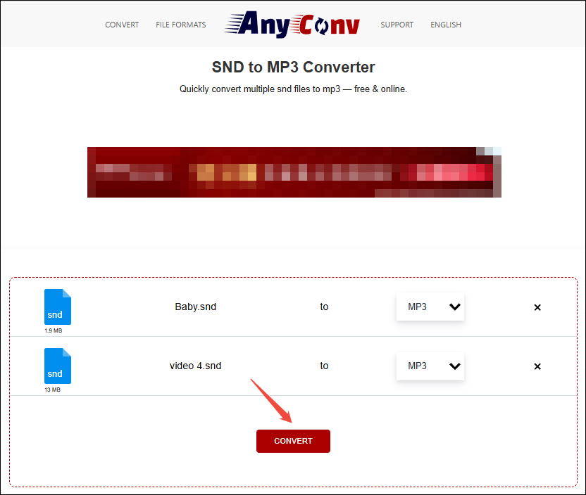 Click on CONVERT in AnyConv to commence the SND to MP3 conversion